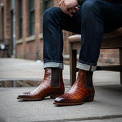 model-siting - Men's Brown Chelsea Boots in Calf Leather with Crocodile Pattern