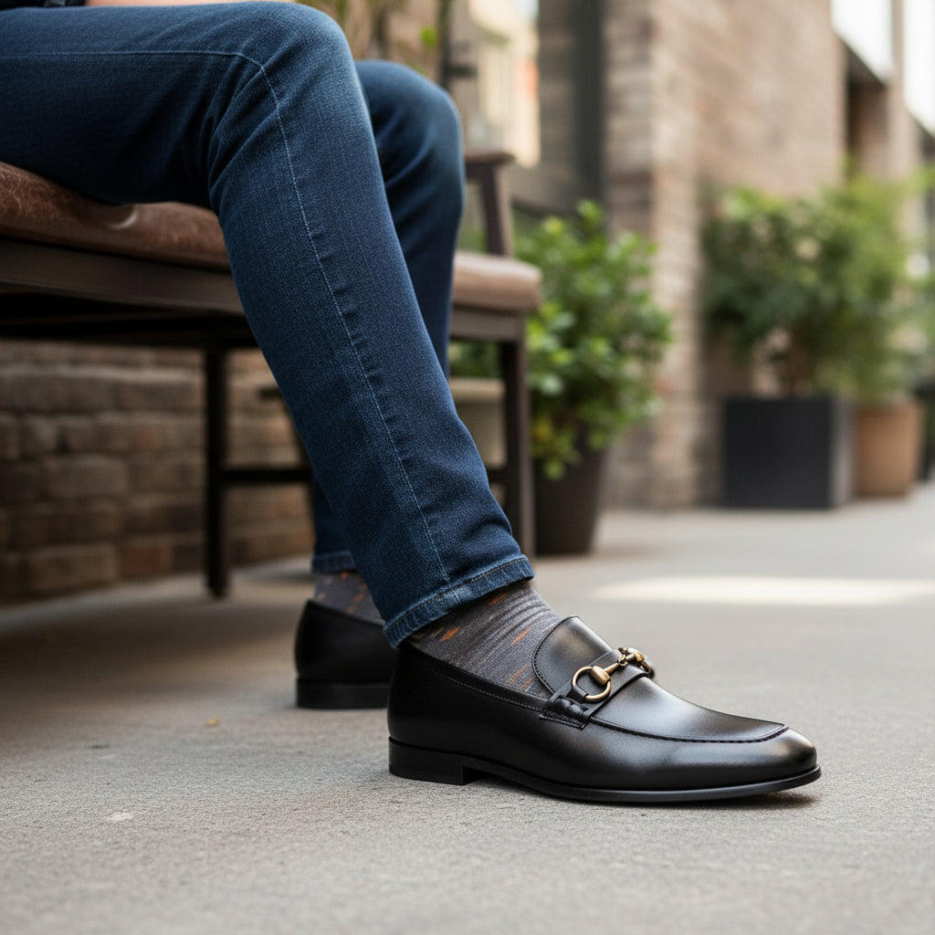 model-siting - Men's Brown Cow Leather Loafers