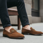 model-siting - Men's Brown Cow Leather & Suede Penny Loafers