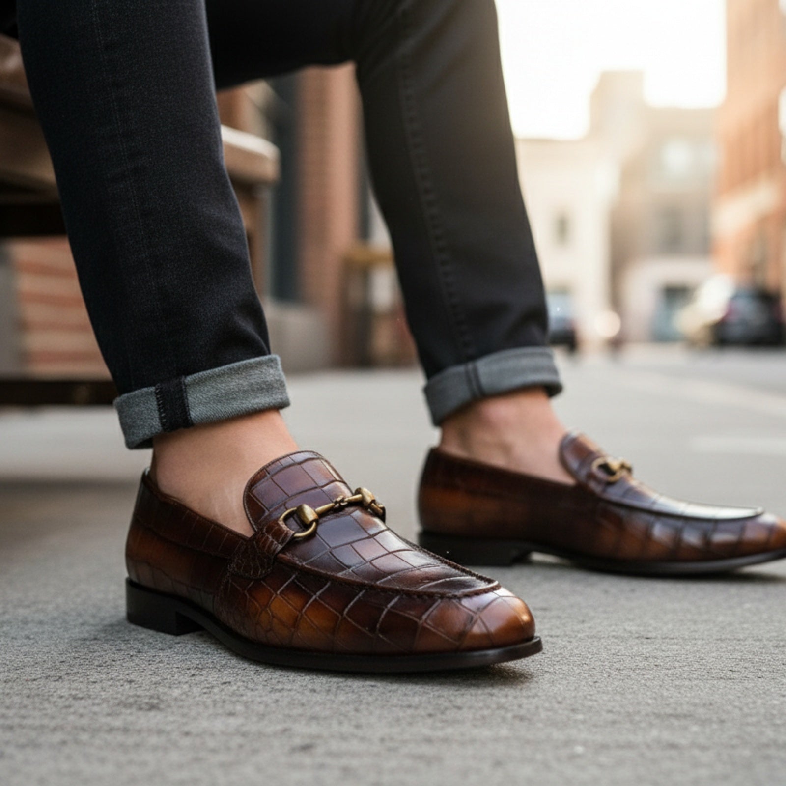 model-siting - Men's Brown Crocodile Leather Moccasin Dress Shoes