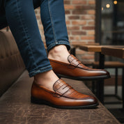 model-siting - Men's Brown Crocodile Leather Moccasins - Formal Loafers