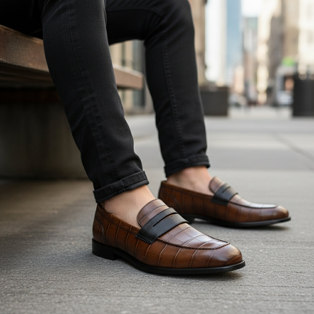 model-siting - Men's Brown Crocodile Leather Moccasins