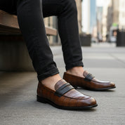 model-siting - Men's Brown Crocodile Leather Moccasins