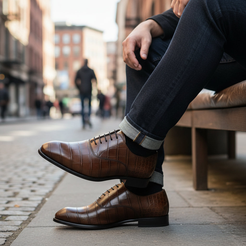 model-siting - Men's Brown Crocodile Leather Oxford Shoes