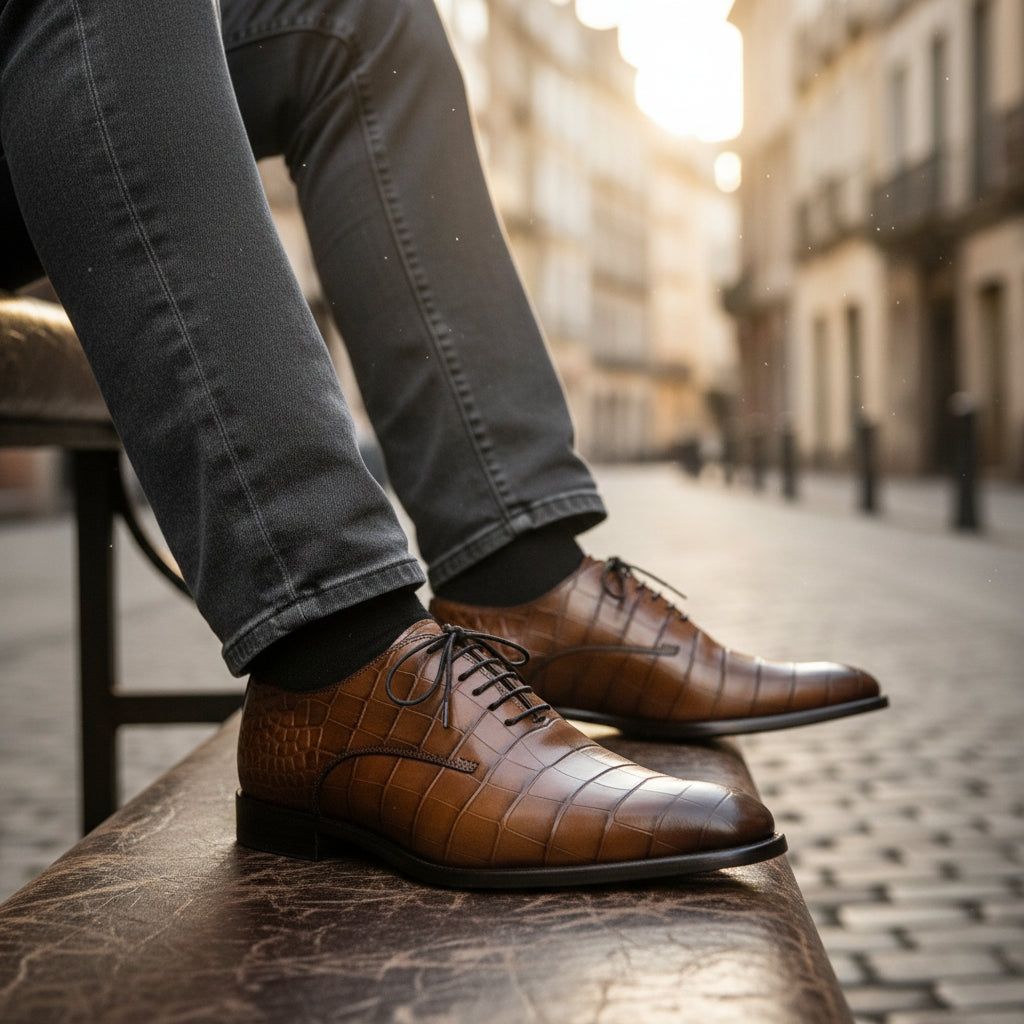 Men's Brown Crocodile-Textured Leather Dress Shoes - model-siting