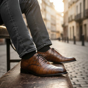 Men's Brown Crocodile-Textured Leather Dress Shoes - model-siting