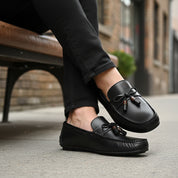model-siting - Men's Brown Genuine Cow Leather Casual Loafers