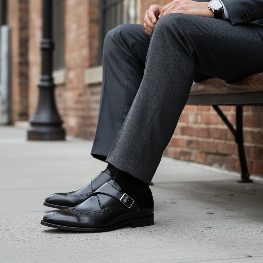 model-siting - Men's Brown Genuine Leather Buckle Dress Shoes