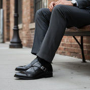 model-siting - Men's Brown Genuine Leather Buckle Dress Shoes