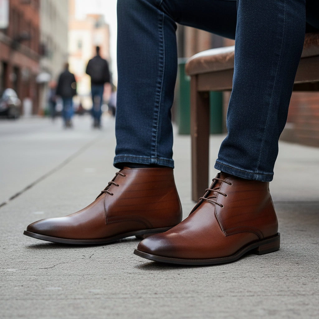 model-siting - Men's Brown High Ankle Leather Boots