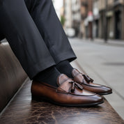 model-siting - Men's Brown Italian Leather Tassel Loafers