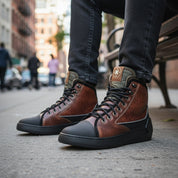 model-siting - Men's Brown Leather Advance Protection Shoes