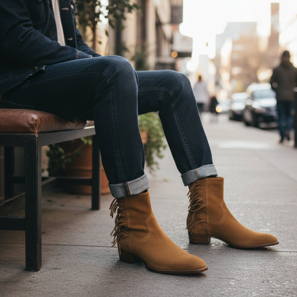 model-siting - Men's Brown Leather Ankle Boots