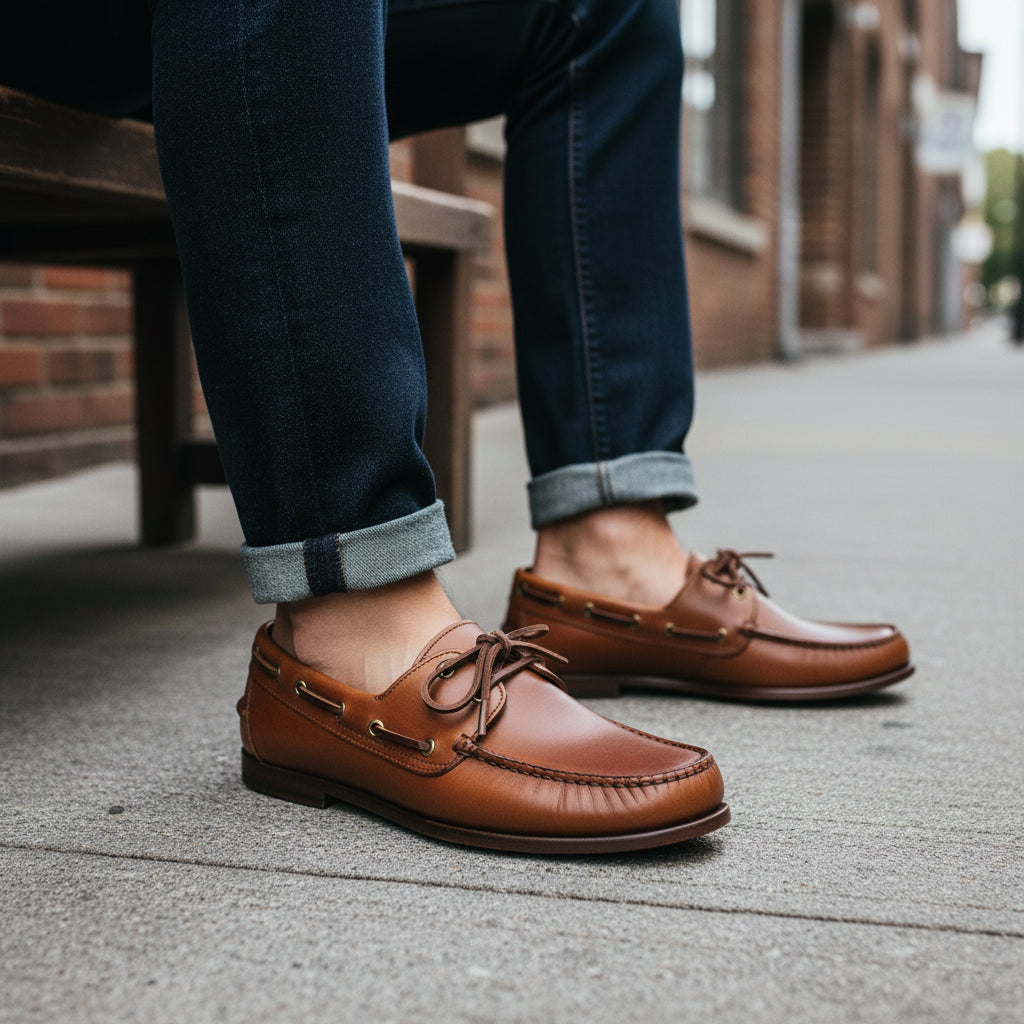 model-siting - Men's Brown Leather Boat Shoes