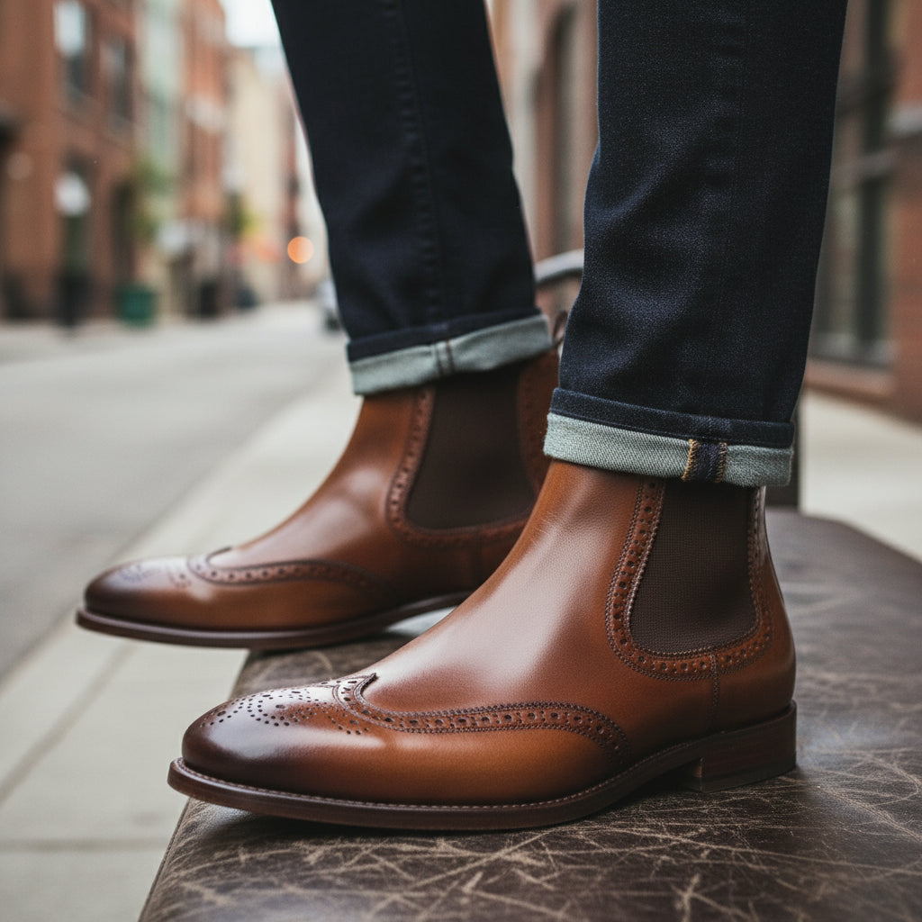 model-siting - Men's Brown Leather Brogue Chelsea Boots