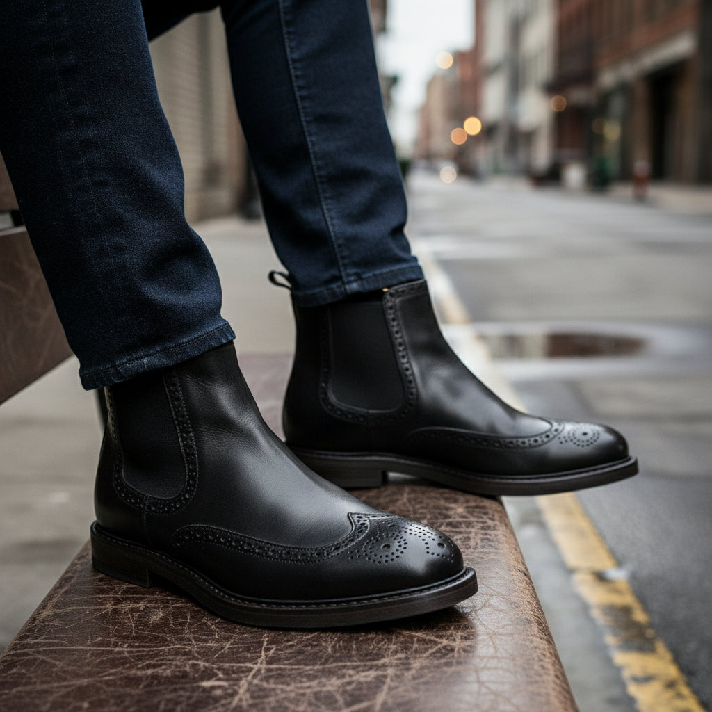 model-siting - Men's Brown Leather Brogue Chelsea Boots