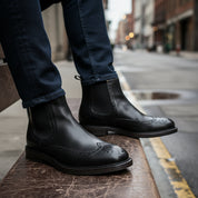 model-siting - Men's Brown Leather Brogue Chelsea Boots