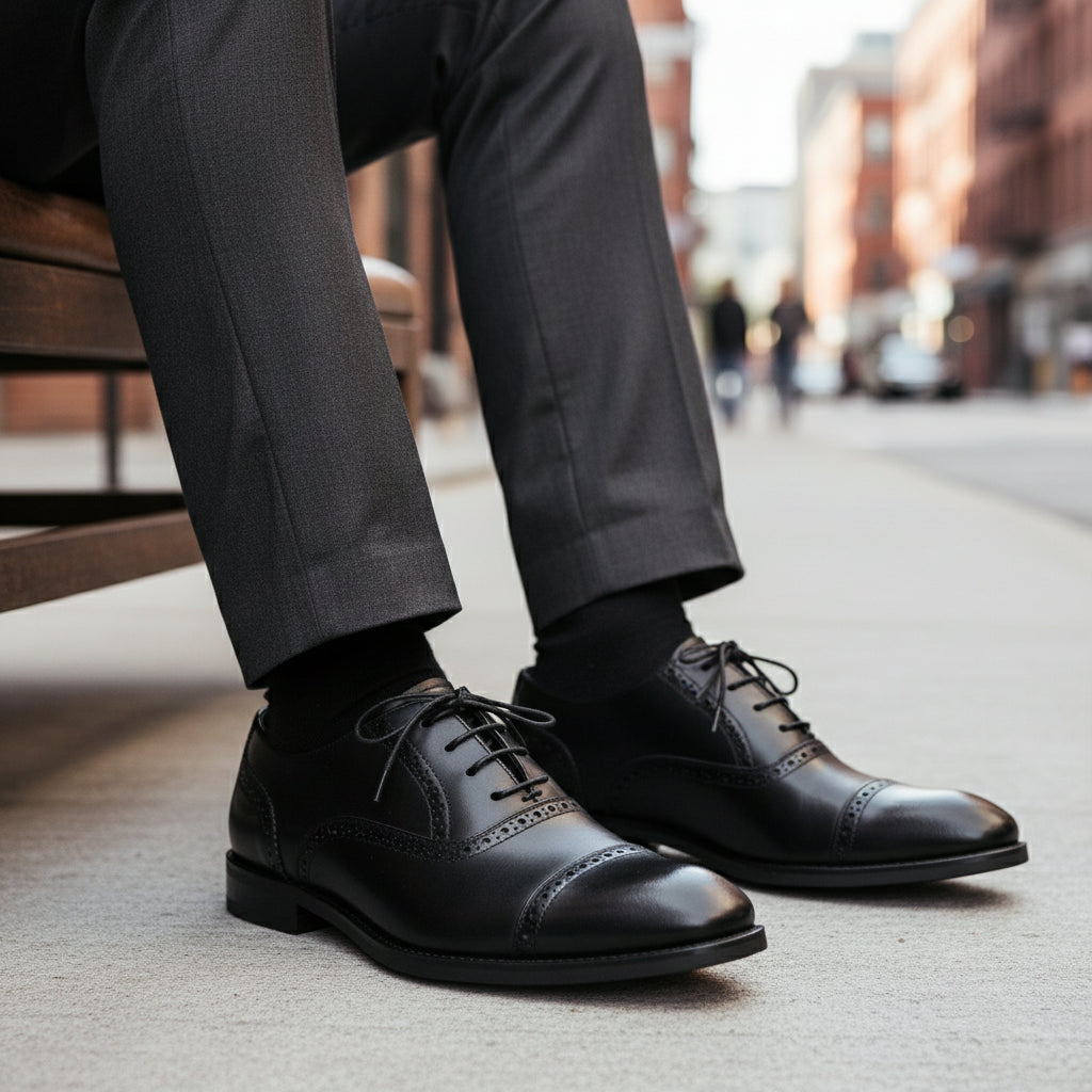 model-siting - Men's Brown Leather Brogue Dress Shoes