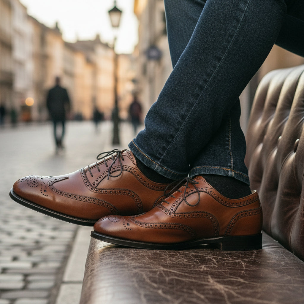 model-siting - Men's Brown Leather Brogue Dress Shoes