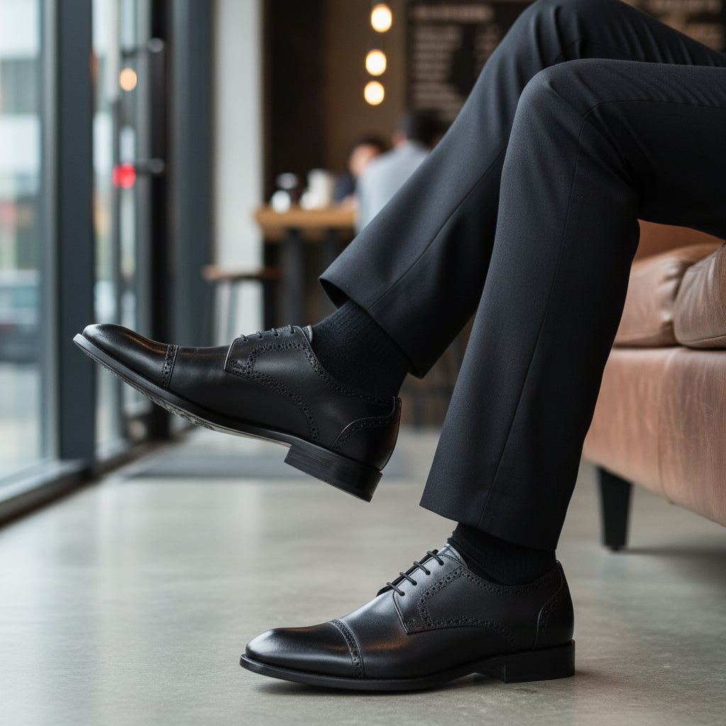 model-siting - Men's Brown Leather Brogue Dress Shoes