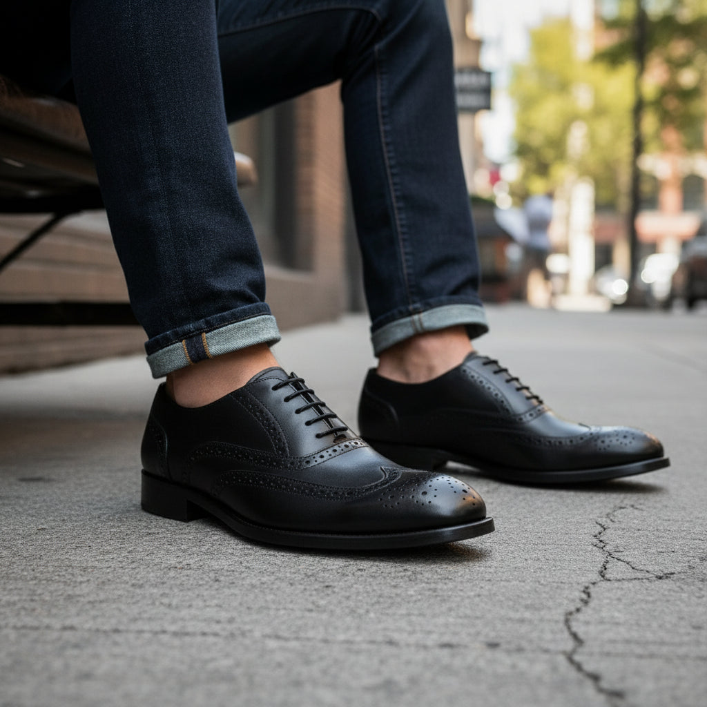 model-siting - Men's Brown Leather Brogue Dress Shoes
