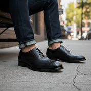 model-siting - Men's Brown Leather Brogue Dress Shoes