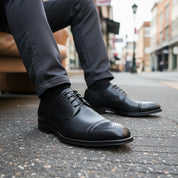 model-siting - Men's Brown Leather Brogue Dress Shoes