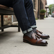 model-siting - Men's Brown Leather Brogue Loafers