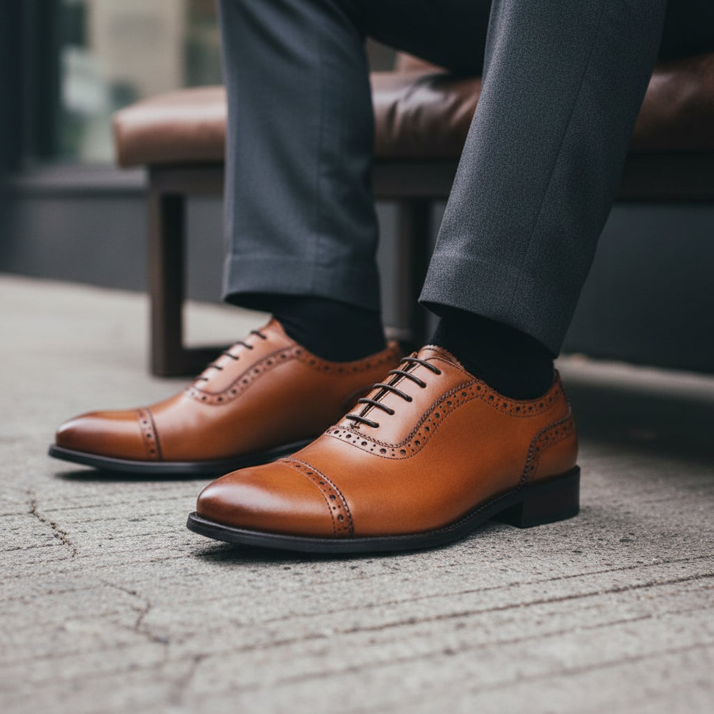 model-siting - Men's Brown Leather Brogue Shoes