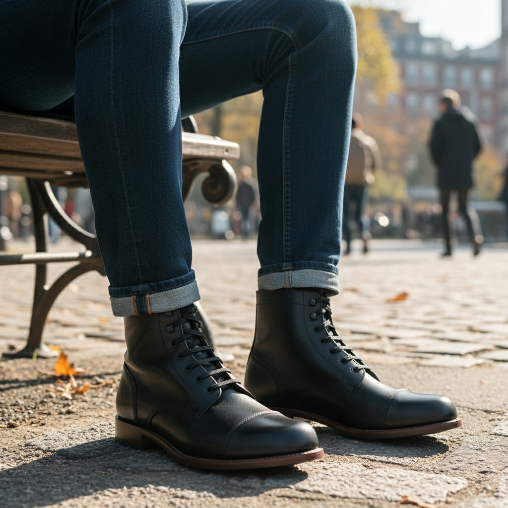 model-siting - Men's Brown Leather Cap-Toe Ankle Boots