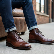 Men's Brown Leather Cap Toe Ankle Boots - model-siting