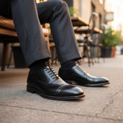 model-siting - Men's Brown Leather Cap Toe Shoes