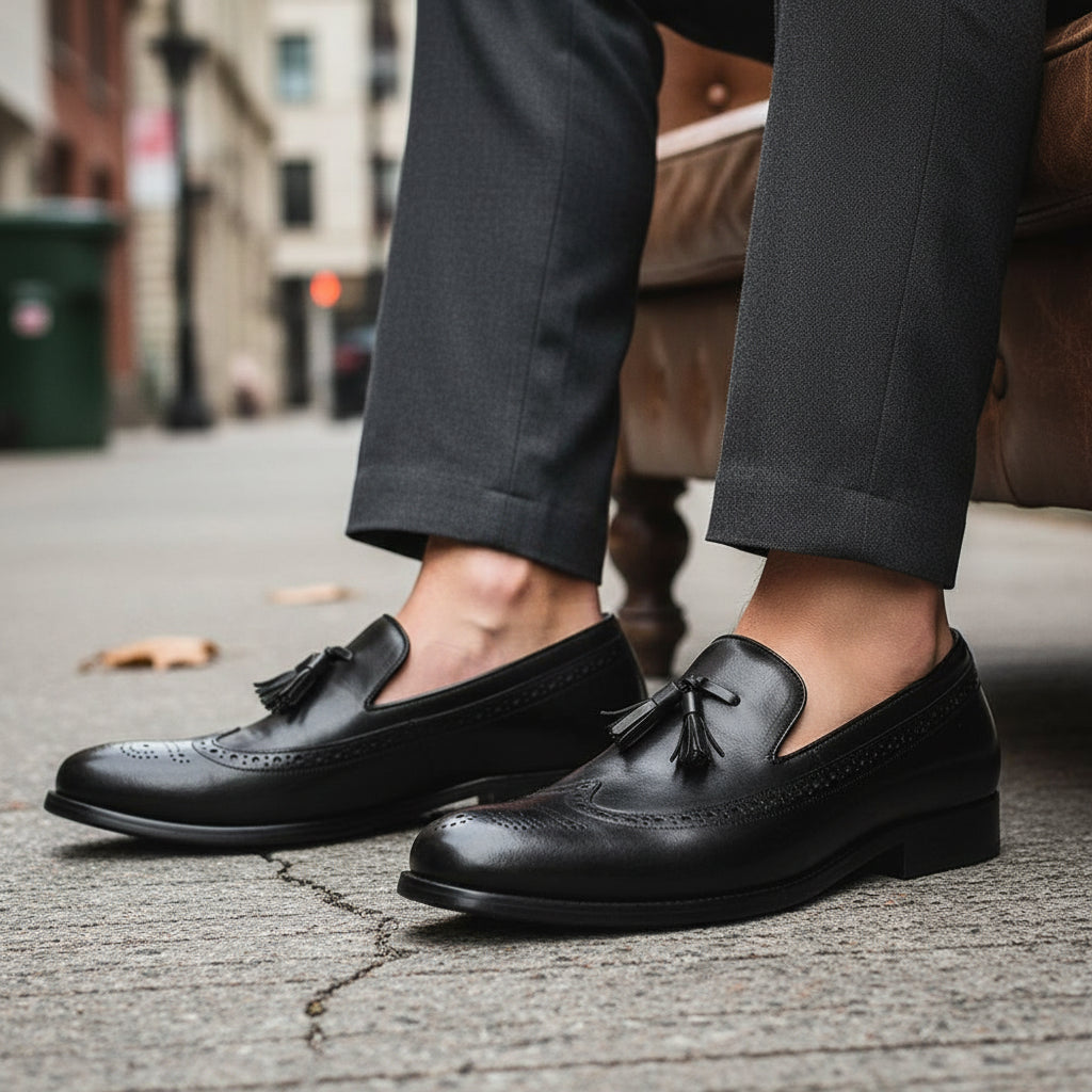 model-siting - Men's Brown Leather Casual Loafers