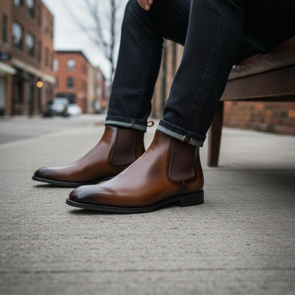 model-siting - Men's Brown Leather Chelsea Ankle Boots
