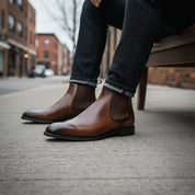 model-siting - Men's Brown Leather Chelsea Ankle Boots