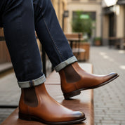 model-siting - Men's Brown Leather Chelsea Boots