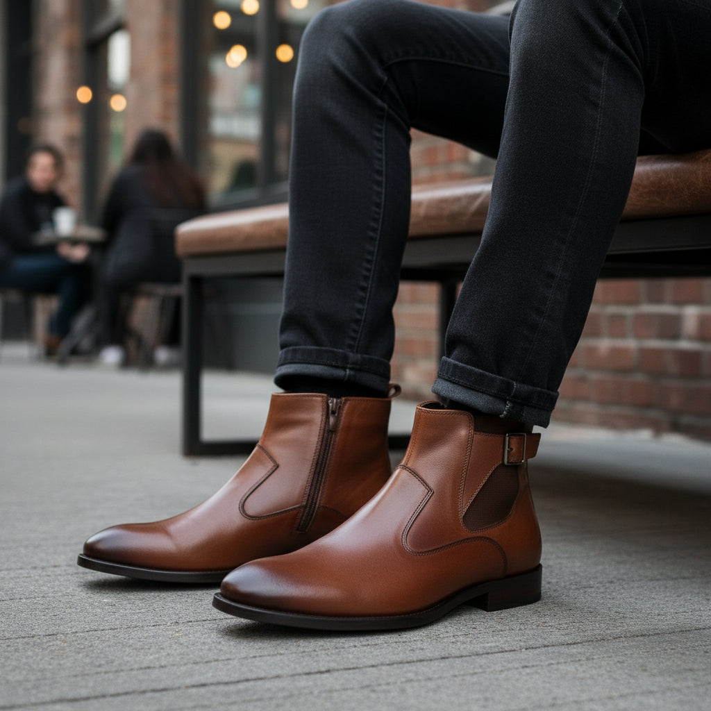 model-siting - Men's Brown Leather Chelsea Boots