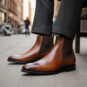 model-siting - Men's Brown Leather Chelsea Boots