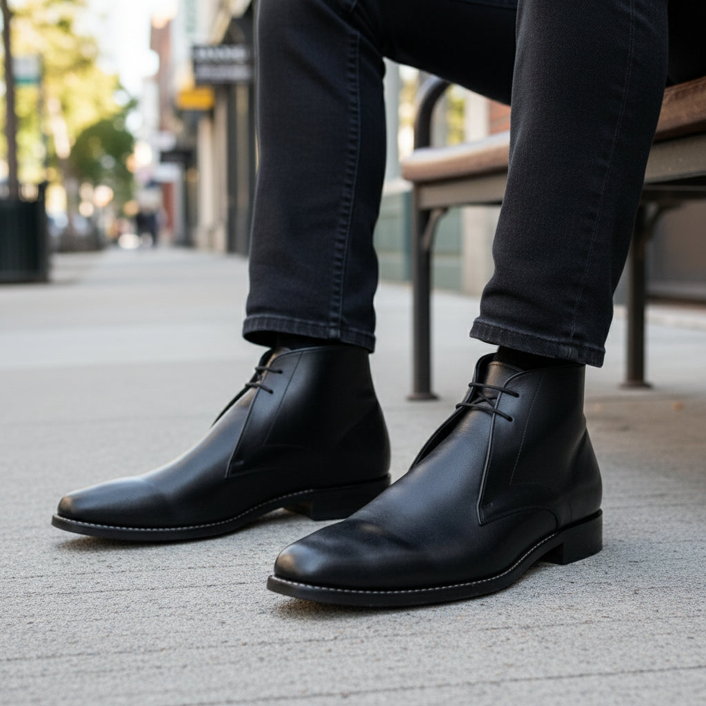 model-siting - Men's Brown Leather Chukka Ankle Boots