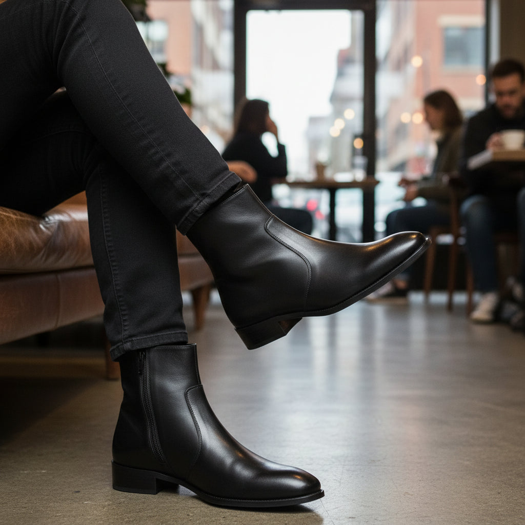 model-siting - Men's Brown Leather Classic Boots