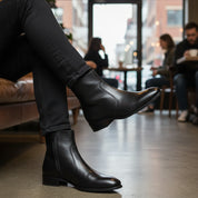 model-siting - Men's Brown Leather Classic Boots