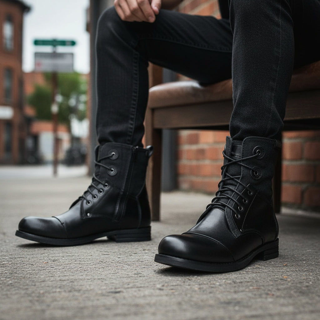 model-siting - Men's Brown Leather Combat Boots