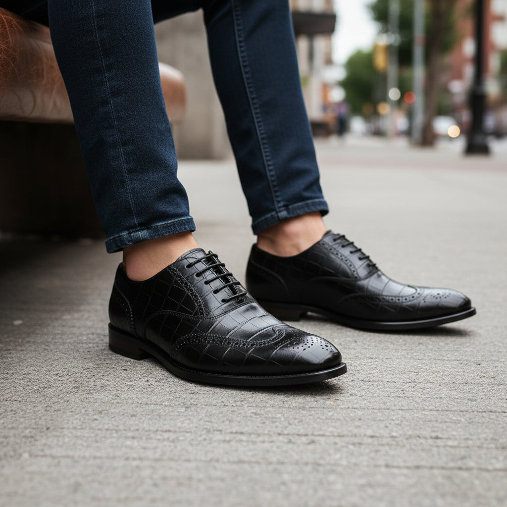 model-siting - Men's Brown Leather Crocodile-Pattern Oxfords