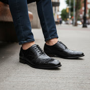 model-siting - Men's Brown Leather Crocodile-Pattern Oxfords