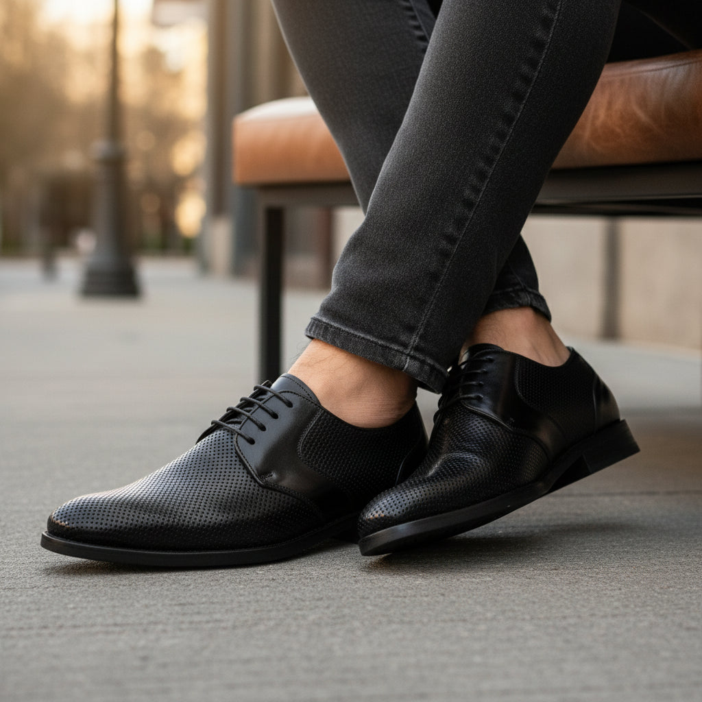 model-siting - Men's Brown Leather Derby Shoes