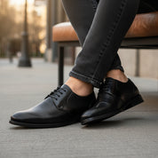 model-siting - Men's Brown Leather Derby Shoes