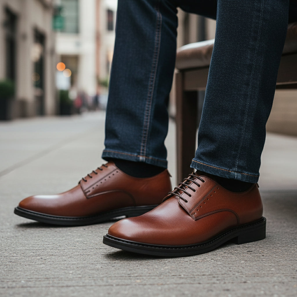 model-siting - Men's Brown Leather Derby Shoes