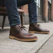model-siting - Men's Brown Leather Desert Boots