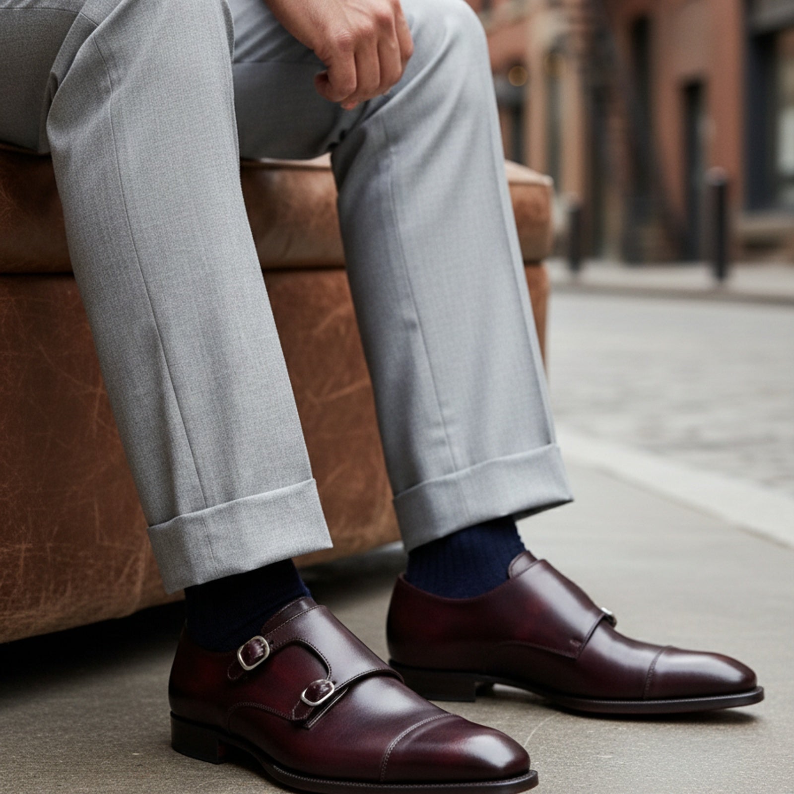 model-siting - Men's Brown Leather Double Buckle Oxford Dress Shoes