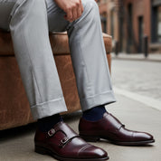 model-siting - Men's Brown Leather Double Buckle Oxford Dress Shoes